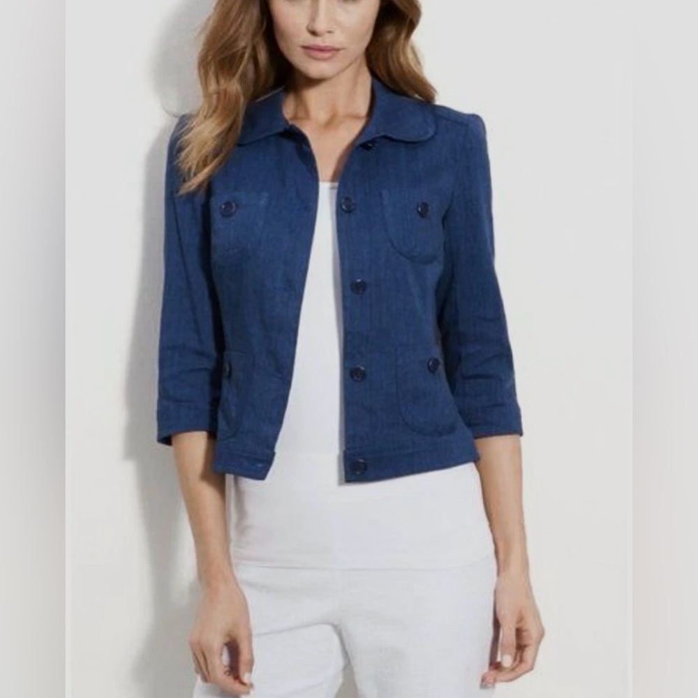 Trina Turk Blazer Jacket Linen Blend Sz 2 Blue Classic Office 3/4 Sleeve